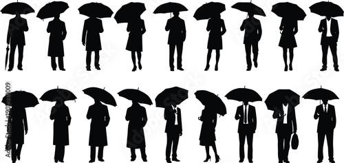 Set of black silhouettes showing business men and women standing and holding umbrellas to protect themselves from the rain.