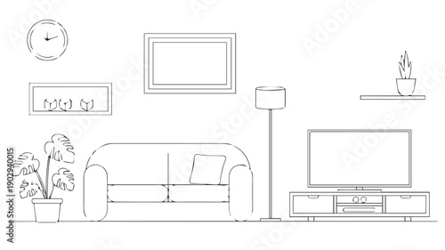 Minimalist line drawing of a modern living room interior