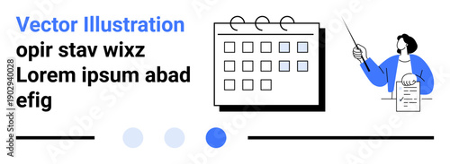 Calendar with highlighted days, person pointing at report, emphasizing task planning and teamwork. Ideal for scheduling, time management, productivity, education, strategy, business communication