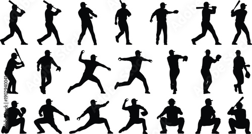Action silhouettes of baseball players swinging bats, pitching balls, and catching in various competitive poses for a sports game.