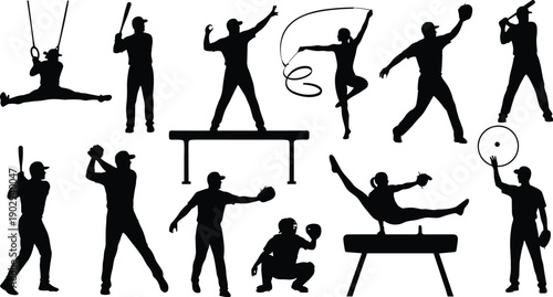 Assorted vector silhouettes of athletes performing gymnastics exercises on beams and rings alongside baseball players hitting and throwing balls.