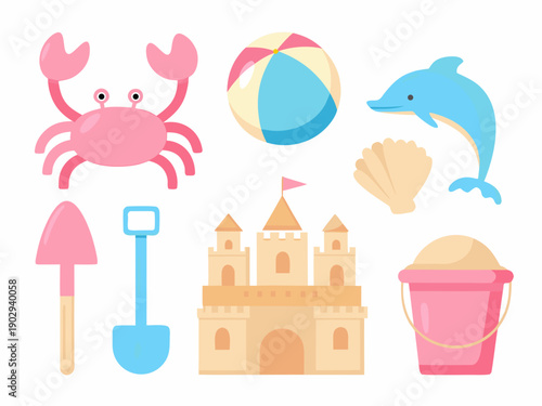 Colorful beach elements including a crab dolphin sandcastle and beach toys