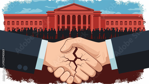 Vector illustration of a broken handshake in front of a government building, symbolizing political distrust and damaged agreements