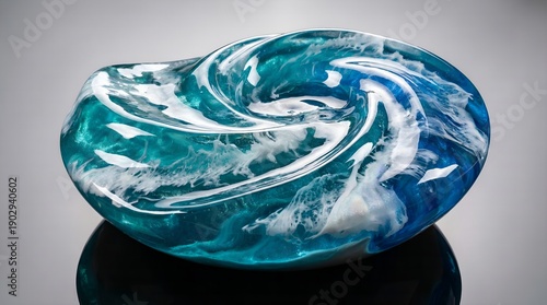 Polished Blue and Teal Glass Sphere with Ocean Wave Swirl Texture