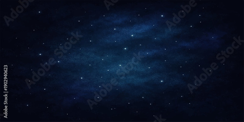 A deep blue nebula glows within a dark starry night sky background, featuring an abstract galaxy motion across a bright cosmic starfield