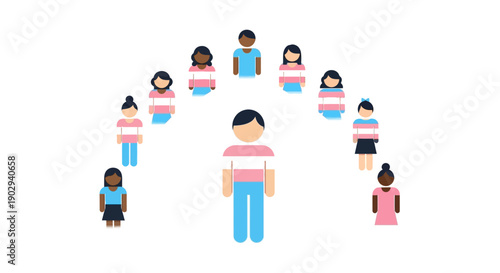 Diverse group of people standing in a semi-circle around a central figure