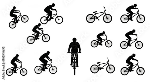Collection of BMX cyclist silhouettes in various action poses.