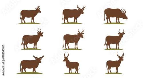 Collection of Brown Antelope Silhouettes Standing on Green Grass.