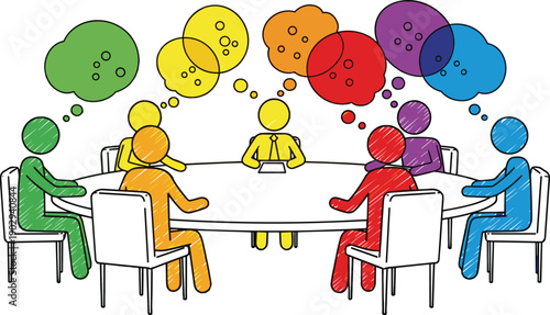Colorful teamwork brainstorming vector illustration, diverse people around circular table, creative collaboration with thought bubbles, group discussion concept art