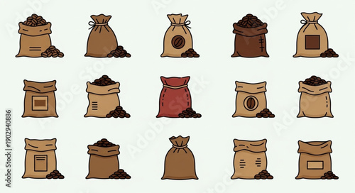 Collection of burlap sacks filled with coffee beans and grounds.