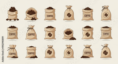 Collection of burlap sacks filled with coffee beans and ground coffee.