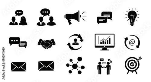 Collection of Business and Communication Icons on White Background.