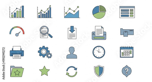 Collection of business and finance icons for data analysis and planning.