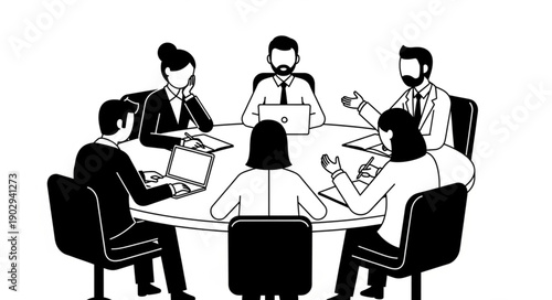 Diverse group of professionals collaborating around a round table in a meeting.