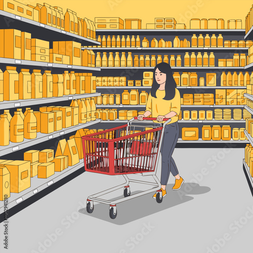 Woman shopping in a supermarket with a trolley, vector illustration of consumerism in a retail environment