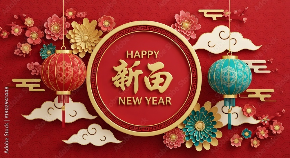 Fototapeta premium Red background with gold and blue paper cut New Year decorations and lanterns