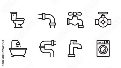 A collection of eight minimalist line art icons representing essential plumbing and bathroom fixtures for home utility