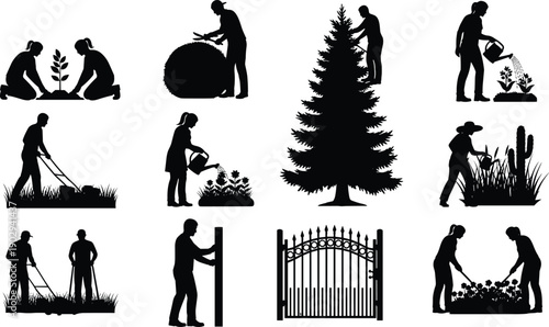 Gardening and landscaping silhouette icons set showing planting watering mowing fencing tree care and garden work activities isolated on white background vector
