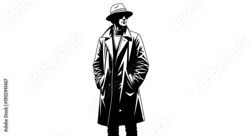 Man in Trench Coat and Hat Standing Isolated on White Background.