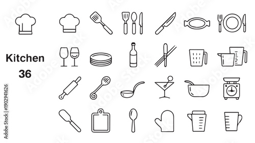 A Comprehensive Collection of Minimalist Line Art Icons for Kitchen Utensils, Cooking Tools, and Dinnerware