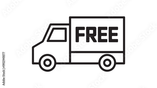 Simple Black and White Line Drawing Icon of a Delivery Truck Offering Free Shipping Service