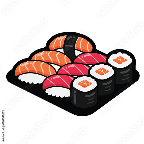 A plate of assorted sushi on a black plate