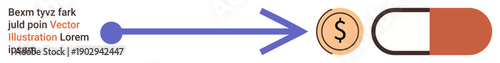 Financial services, healthcare, pharmaceutical costs, transactions, money management, investment. Arrow pointing to a coin and pill capsule. Financial services and healthcare concept
