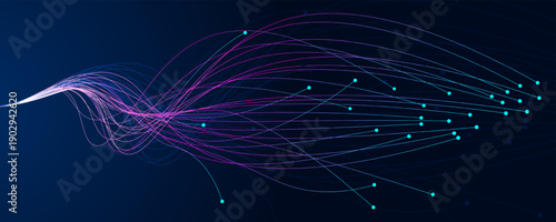 Abstract light lines wavy flowing dynamic in blue purple colors isolated on black background