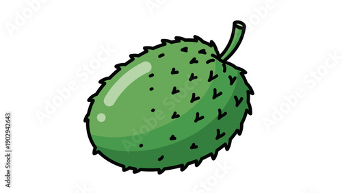 Vibrant green cartoon soursop fruit with prickly skin and a small stem, digitally illustrated on a