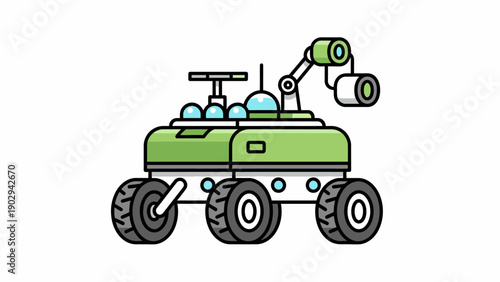 Detailed cartoon illustration of a futuristic space rover vehicle for planetary exploration
