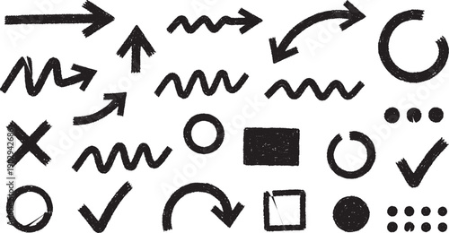 Hand drawn doodle arrows and shapes set for design elements.