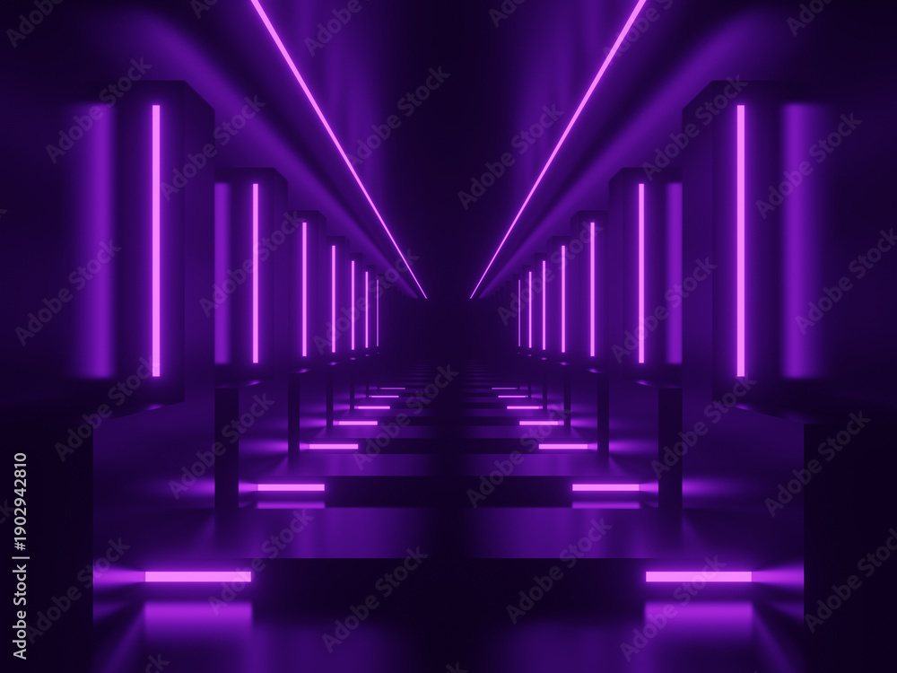 Fototapeta premium 3D Sci fi black tunnel with purple neon lights
