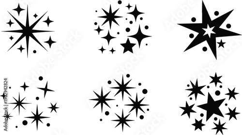 Black starburst and sparkle vector illustration set featuring abstract decorative twinkling stars, festive magical effects, and graphic design elements