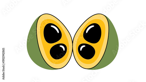 Colorful tropical fruit illustration featuring vibrant yellow pulp and dark seeds cut in half on a