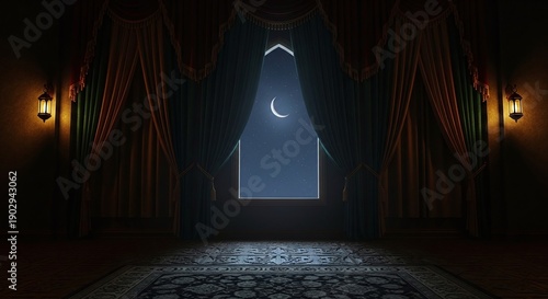 Mosque interior with glowing crescent moon lantern at night dark ambiance spiritual