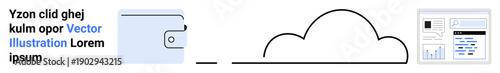 Cloud storage, digital wallets, data management, virtual connections, fintech systems, business analytics. A cloud connecting a wallet and data dashboard. Cloud storage and digital wallets concept