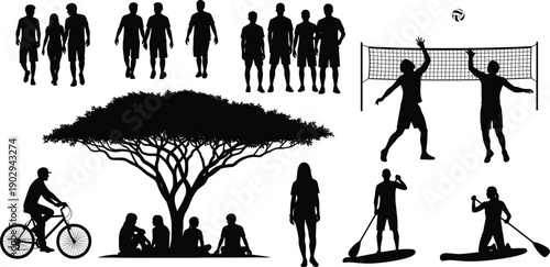 People activity silhouettes set showing walking groups, sports, cycling, volleyball, paddle boarding, and relaxing outdoors, modern lifestyle illustration 