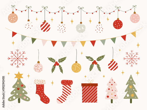 Festive holiday decorations including ornaments trees and winter accessories