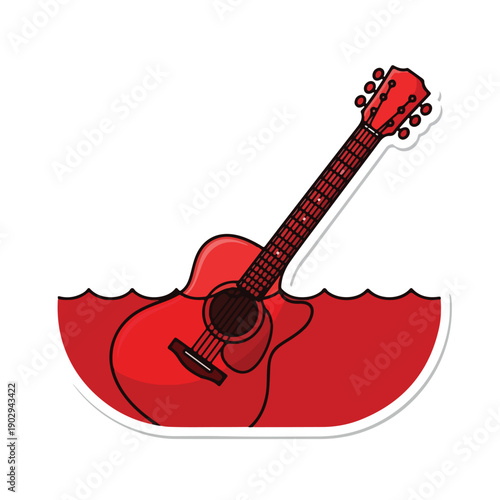 A red guitar partially submerged in red water