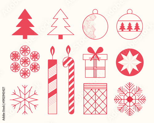 Red christmas icons featuring trees ornaments gifts and snowflakes