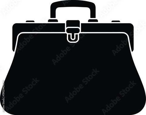 Minimal vector silhouette, old leather doctor’s bag with short handles, solid black, isolated on white.