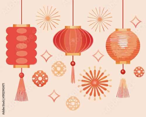 A collection of decorative red and orange lanterns with floral ornaments