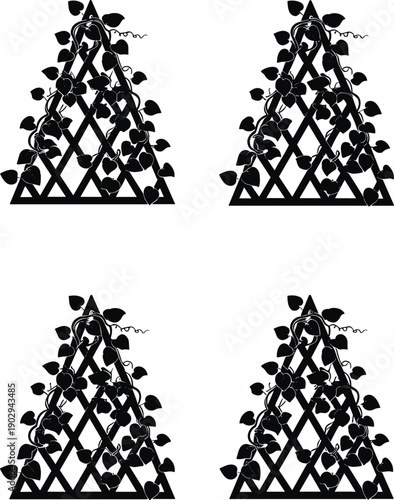 Climbing vine trellis silhouette set with leafy lattice structure, black botanical vector illustration for garden decor, landscaping and design projects