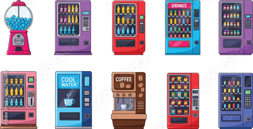 Colorful cartoon vending machine set with snacks, drinks, coffee and water dispensers, modern flat vector illustration collection for retail, office, school and urban design concepts