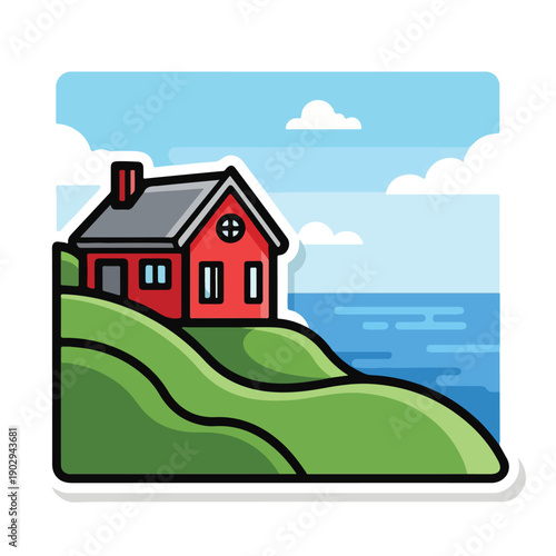 A red house on a green hill by the sea