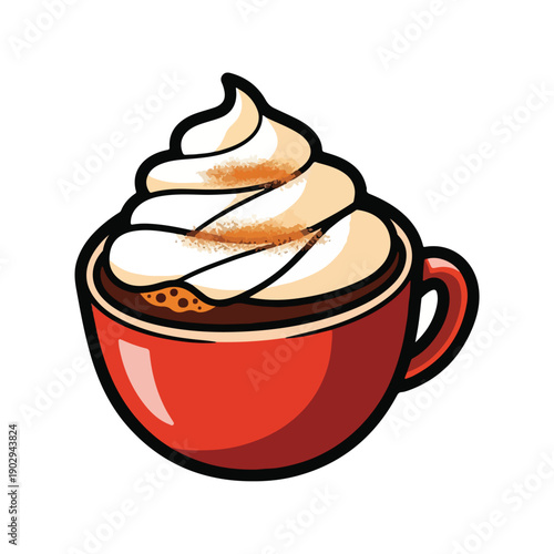 A red mug filled with hot chocolate and whipped cream