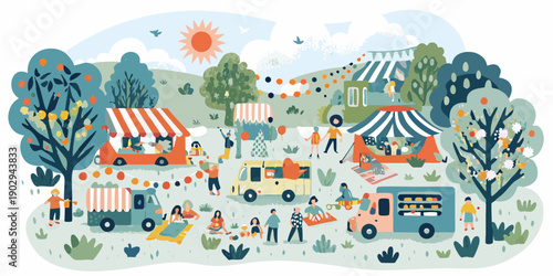 A vibrant outdoor summer fair with stalls tents and cheerful people