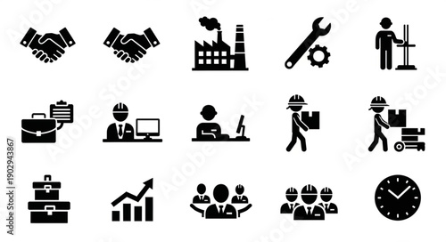 Collection of Business and Industry Icons Representing Work and Success.