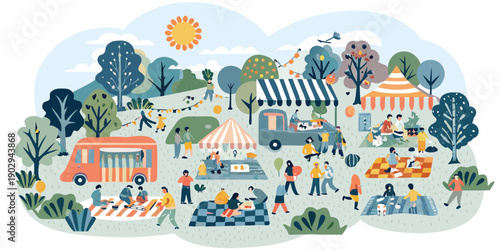 A vibrant outdoor festival scene with food stalls people and sunny skies