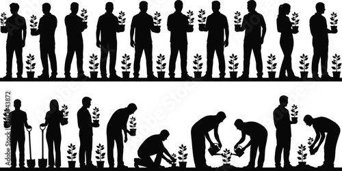 People planting trees silhouettes set showing environmental care, gardening stages, teamwork and sustainability actions, eco friendly lifestyle illustration 